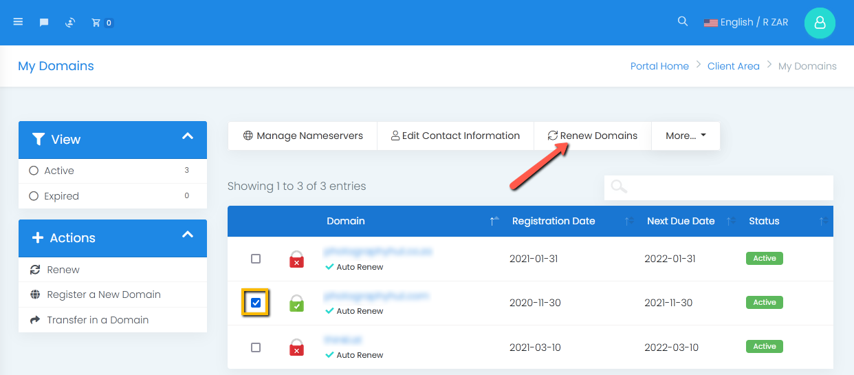 Select Domain then Renew Domains