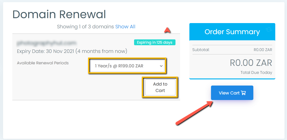 Select Renewal Period then Add to Card then View Cart